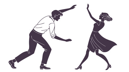 Dynamic silhouette of a couple dancing together with graceful movements and expressive poses on a white background