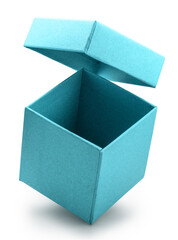 Open empty blue gift box and lid floating above a box isolated on white background. File contains clipping path.