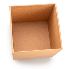 Open empty cardboard gift box on white background, top view. File contains clipping path.