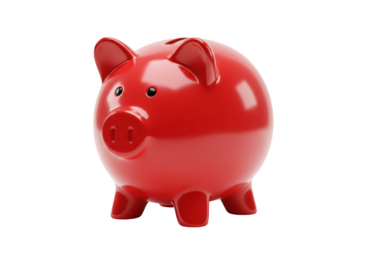 A shiny red piggy bank, a classic symbol of saving money and financial planning, isolated on a clean transparent background