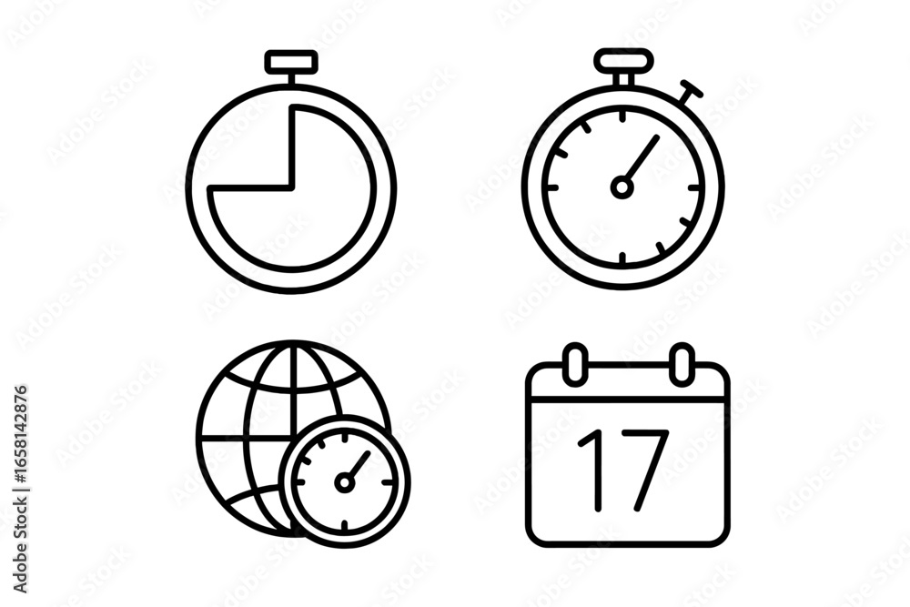 Poster time management outline icon set. vector symbols for productivity, efficiency. includes timer, stopw
