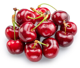 Handful of sweet red cherries isolated on white background. File contains clipping paths.