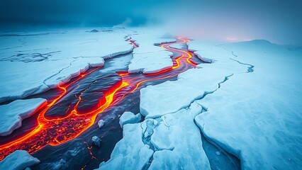 Surreal Contrast Red Hot Lava River Flowing Through Frigid Ice Field Abstract Environmental Art For Science Geothermal Energy Projects