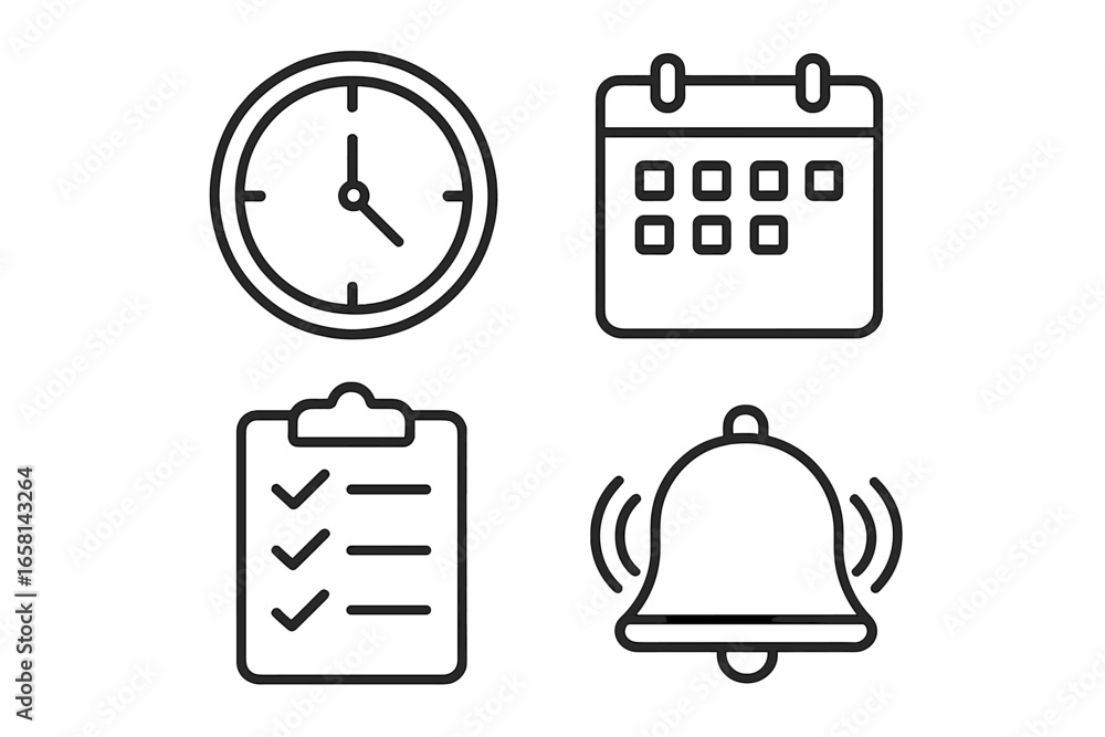 Poster time management outline icons set. vector collection for schedule and productivity. clock, calendar,