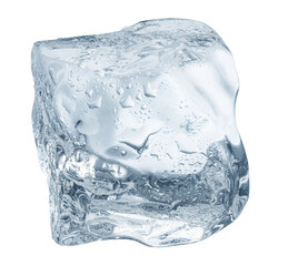Melting ice cube covered with water drops on white background. File contains clipping path.
