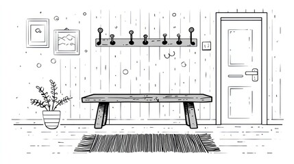 Interior scene with bench, coat rack, rug, potted plant, and wall decor