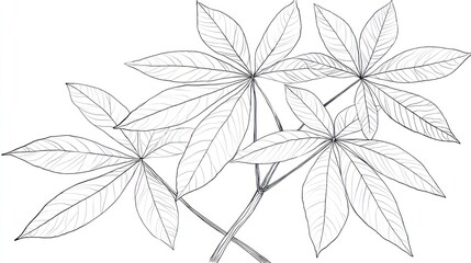 Intricate line drawing of tropical leaves with radial structure