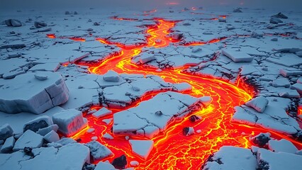 Surreal Arctic Landscape Vivid Molten Lava Flowing Through Ice Field Powerful Contrast And Unexplored Wilderness Concept For Environmental Awareness Projects