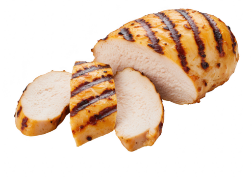 Grilled chicken breast sliced and isolated on transparent background, a healthy and delicious protein source for meals