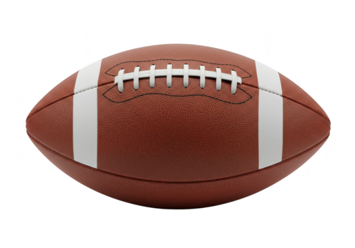 Closeup studio shot of a brown american football with white laces and stripes, isolated on a transparent background, symbolizing sport and competition