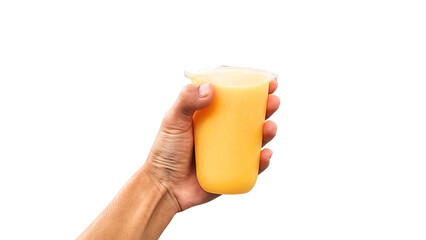 Mango juice in a clear plastic cup held by hand, shown on a transparent background. High-resolution image ideal for menu design, product showcase, or digital advertising.