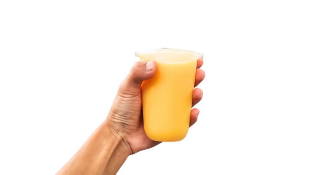 Mango juice in a clear plastic cup held by hand, shown on a transparent background. High-resolution image ideal for menu design, product showcase, or digital advertising.