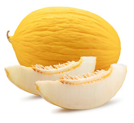 Canary yellow melon and melon slices isolated on white background. File contains clipping path.