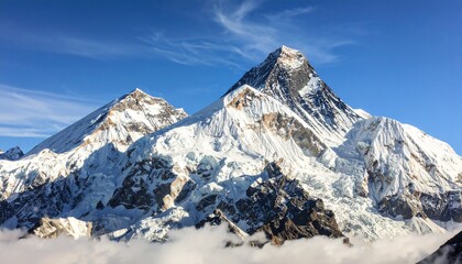 Fototapeta premium Majestic Mount Everest and surrounding peaks covered in snow rise above a sea of clouds under a vibrant blue sky.