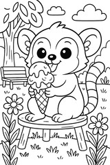 Adorable lemur enjoying ice cream on a stool in a whimsical park scene
