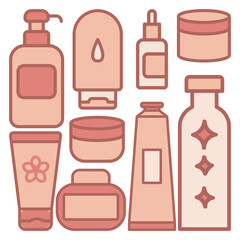 Vector set of cosmetic bottles and skincare containers. Flat line beauty icons of cream, lotion, serum, shampoo, gel and spa products. Modern illustration for beauty industry and self care.