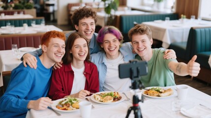 Group of Gen Z friends vlogging and live streaming in a restaurant. Concept of social media, content creators, authentic community and candid connection.