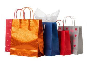 A collection of colorful shopping bags with handles, including orange, blue, red, and grey with pink hearts, isolated on transparent background