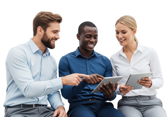 Fototapeta premium Three business people working together with tablets isolated on transparent background