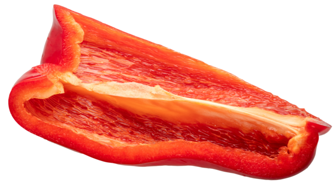 Red bell pepper longitudinal slice isolated on white background. File contains clipping path.