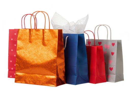 A collection of colorful shopping bags with handles, including orange, blue, red, and grey with pink hearts, isolated on transparent background