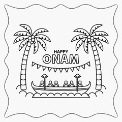 Happy Onam Festival Illustration – Traditional Kerala Boat, Palm Trees, and Garland