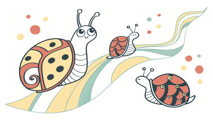 Three cute cartoon snails with colorful shells and antennas moving along a wavy path with bubbles