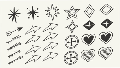 Collection of hand drawn doodle icons including stars arrows hearts and buttons