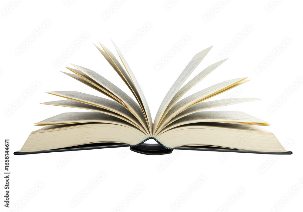 Poster an open book with pages fanned out, isolated on transparent background, symbolizing knowledge and le