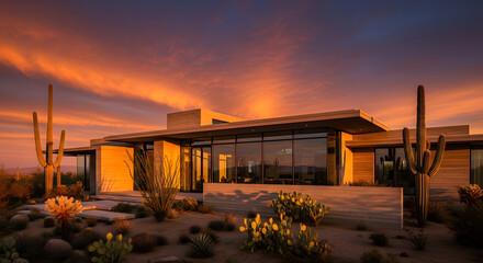 Modern desert house at sunset with saguaro cactus in arizona landscape