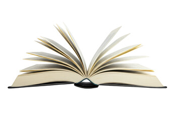 An open book with pages fanned out, isolated on transparent background, symbolizing knowledge and learning