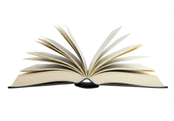 An open book with pages fanned out, isolated on transparent background, symbolizing knowledge and learning