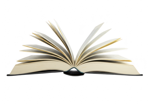 An open book with pages fanned out, isolated on transparent background, symbolizing knowledge and learning