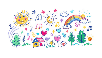 Whimsical children s drawing of a colorful landscape with a smiling sun rainbow musical notes hearts and a small house