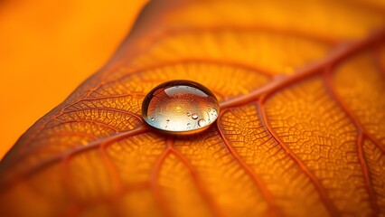Macro Water Drop on Autumn Leaf - Detailed Nature Photography for Abstract Art, Science Illustrations, and Educational Materials