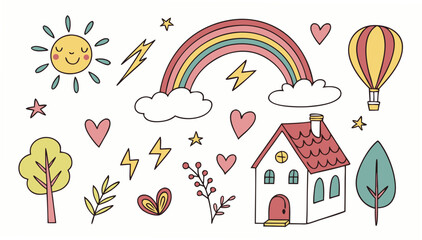 Whimsical collection of hand drawn elements including a smiling sun rainbow hot air balloon house trees hearts stars and lightning bolts