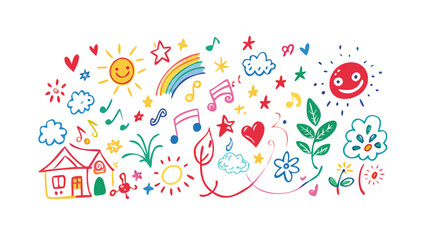 Vibrant hand drawn doodle elements featuring sun rainbow music notes hearts flowers clouds house and stars on black background