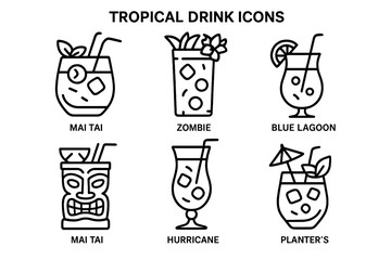 Tropical drink & cocktail icon set. Outline vector graphic of classic tiki bar drinks. Includes Mai Tai, Zombie, Blue Lagoon, Hurricane, Planter's Punch for a summer party menu.