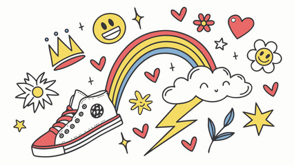 Whimsical doodle collection featuring a sneaker rainbow smiley face stars hearts flowers lightning and a crown