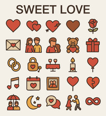 A charming collection of flat-style icons themed around sweet love and romance. Perfect for Valentine’s Day designs, wedding invitations, dating apps, and romantic greeting cards.