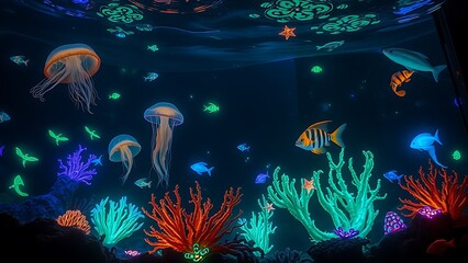 Glowing Deep Sea Aquarium - Vivid Underwater Scene with Jellyfish and Coral for Educational Marine Life Designs, Colorful Backgrounds, and Fantasy Wall Art