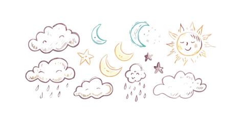 Whimsical hand drawn celestial elements featuring smiling sun crescent moons stars and cute rain clouds on a black background