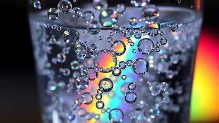 Sparkling Water with Colorful Reflections - Abstract Macro Photography for Science, Refreshment and Creative Backgrounds