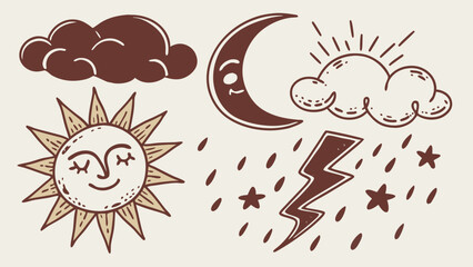 Whimsical hand drawn celestial weather icons featuring a smiling sun crescent moon clouds lightning rain and stars in a retro aesthetic