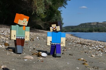 Obraz premium LEGO Minecraft figures of Steve and Alex, searching for clams and stones on sandy river Danube bank, borderline between Slovakia and Hungary. Forested opposite bank and blue skies visible. 