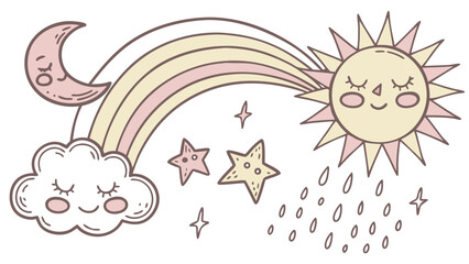 Whimsical pastel rainbow with a smiling sun crescent moon fluffy cloud and stars on a white background