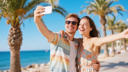 Happy couple laughing taking a selfie with smartphone on a beach vacation. Concept of love, joy, and romantic honeymoon, travel lifestyle, sharing memories on social media.