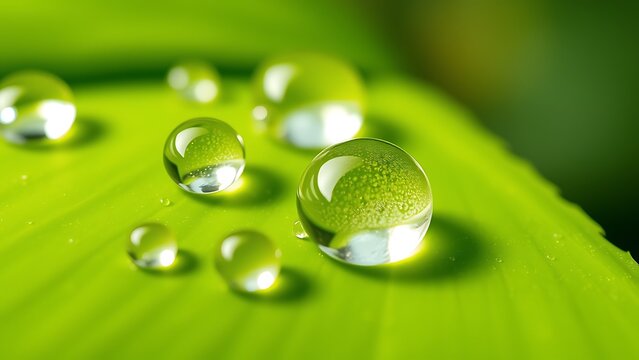Macro Shot of Water Droplets on Vibrant Green Leaf - Serene Nature Close-Up for Ecological Designs and Freshness Concepts, Dewy Greenery for Backgrounds and Environmental Illustrations