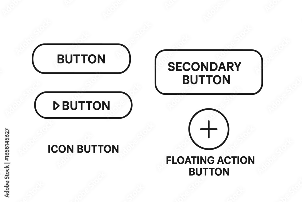 Poster ui button icon set. primary, secondary, icon, floating action button. outline vector graphic for web