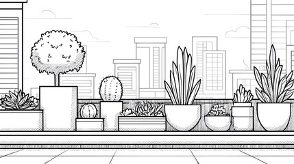 Line art cityscape scene; plants in pots on a rooftop against buildings